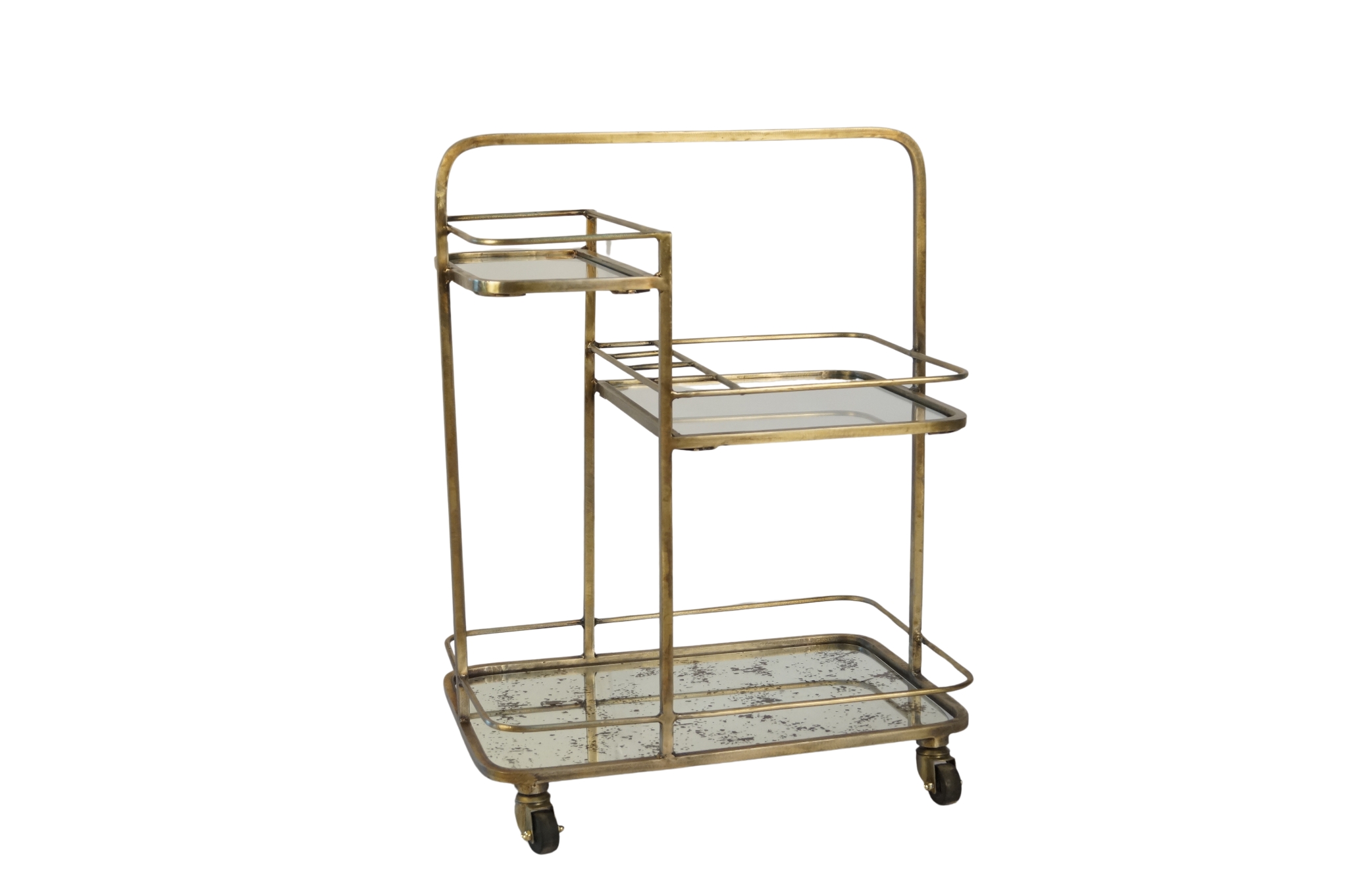 Iron retro 3 tier trolley with glass and ant. Mirror shelves