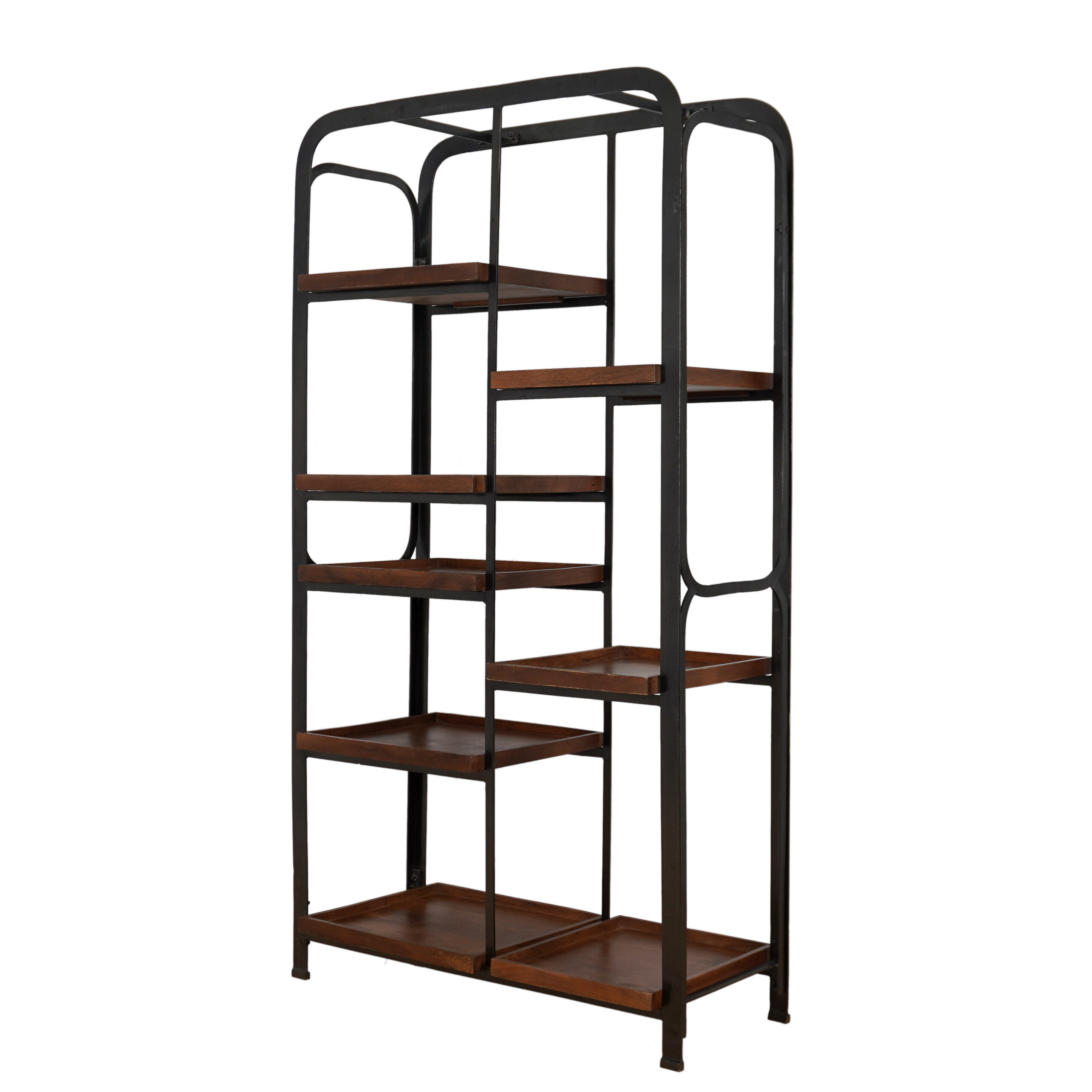 Iron tall shelf with wooden tray tops