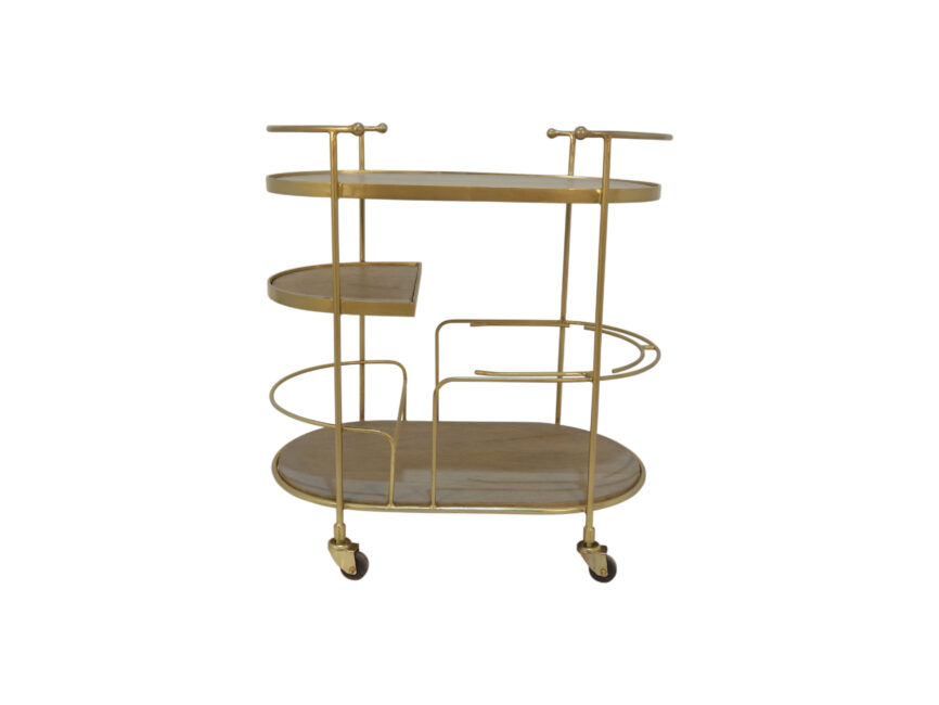 Iron trolley with brass ice bucket and wooden shelves