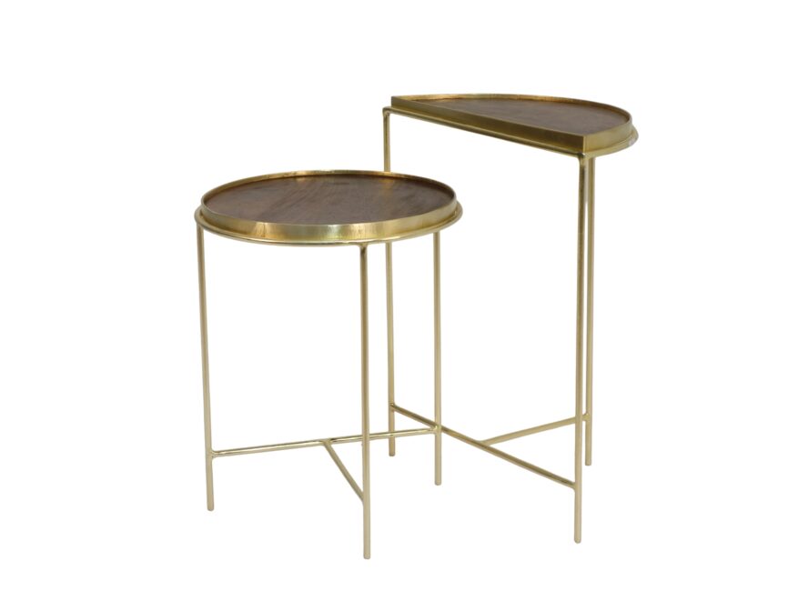 Iron Set of 2 tables with brass cladded edge wood top