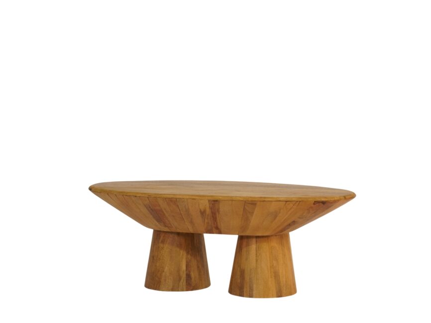 Wooden taper design oval coffee ttable on pillar base