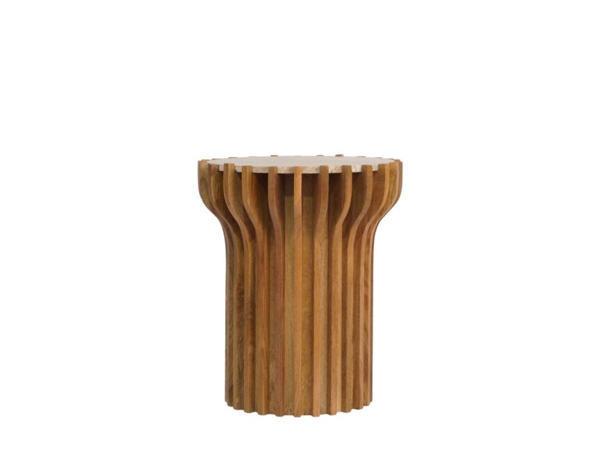 Wooden striped design side table with marble top