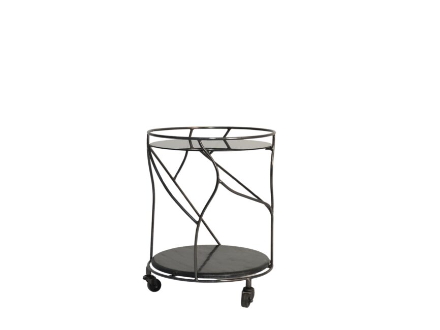 Iron forged round trolley with black glass top and bottom black marble