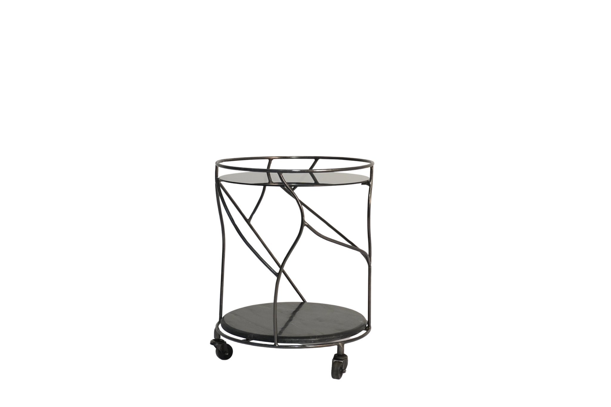 Iron forged round trolley with black glass top and bottom black marble