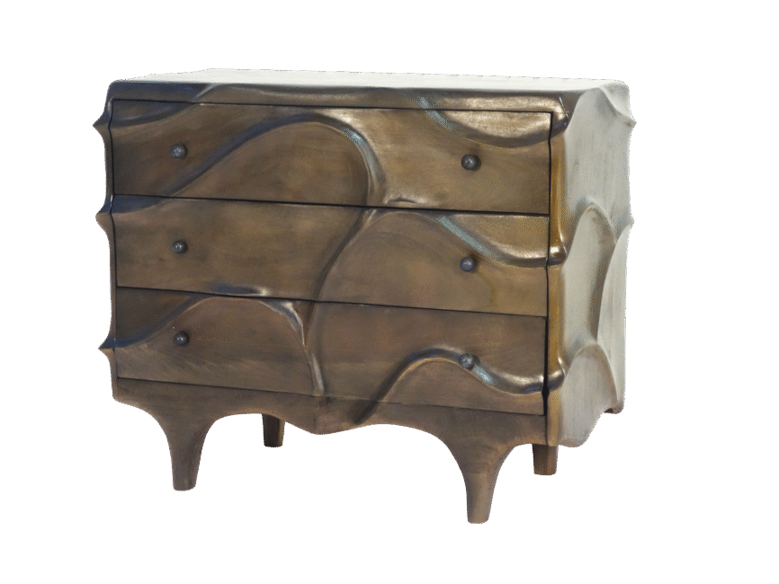 Wooden abstract carved 3 drawer cabinet with marble knob