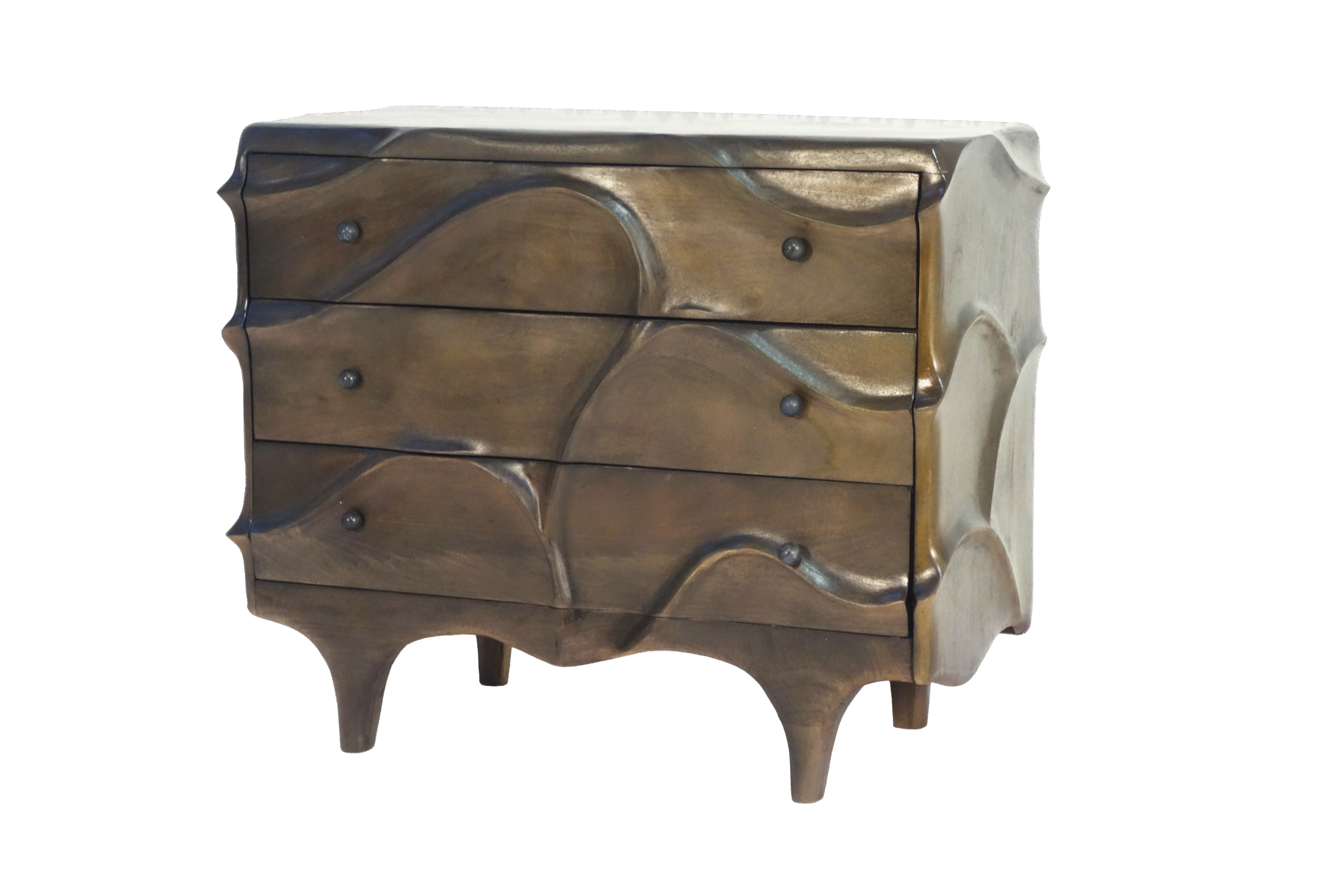 Wooden abstract carved 3 drawer cabinet with marble knob