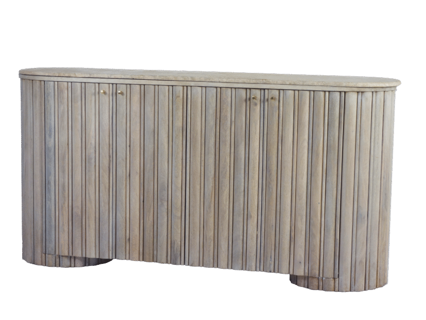 Wooden Curved sideboard with striped design and Travertine stone top