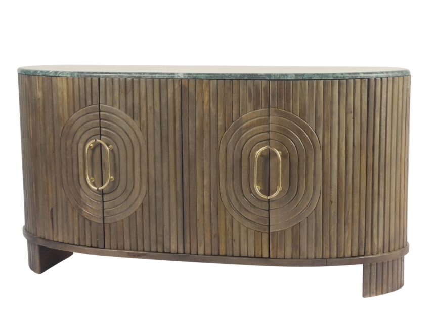 Wooden striped design curved sideboard with green marble top