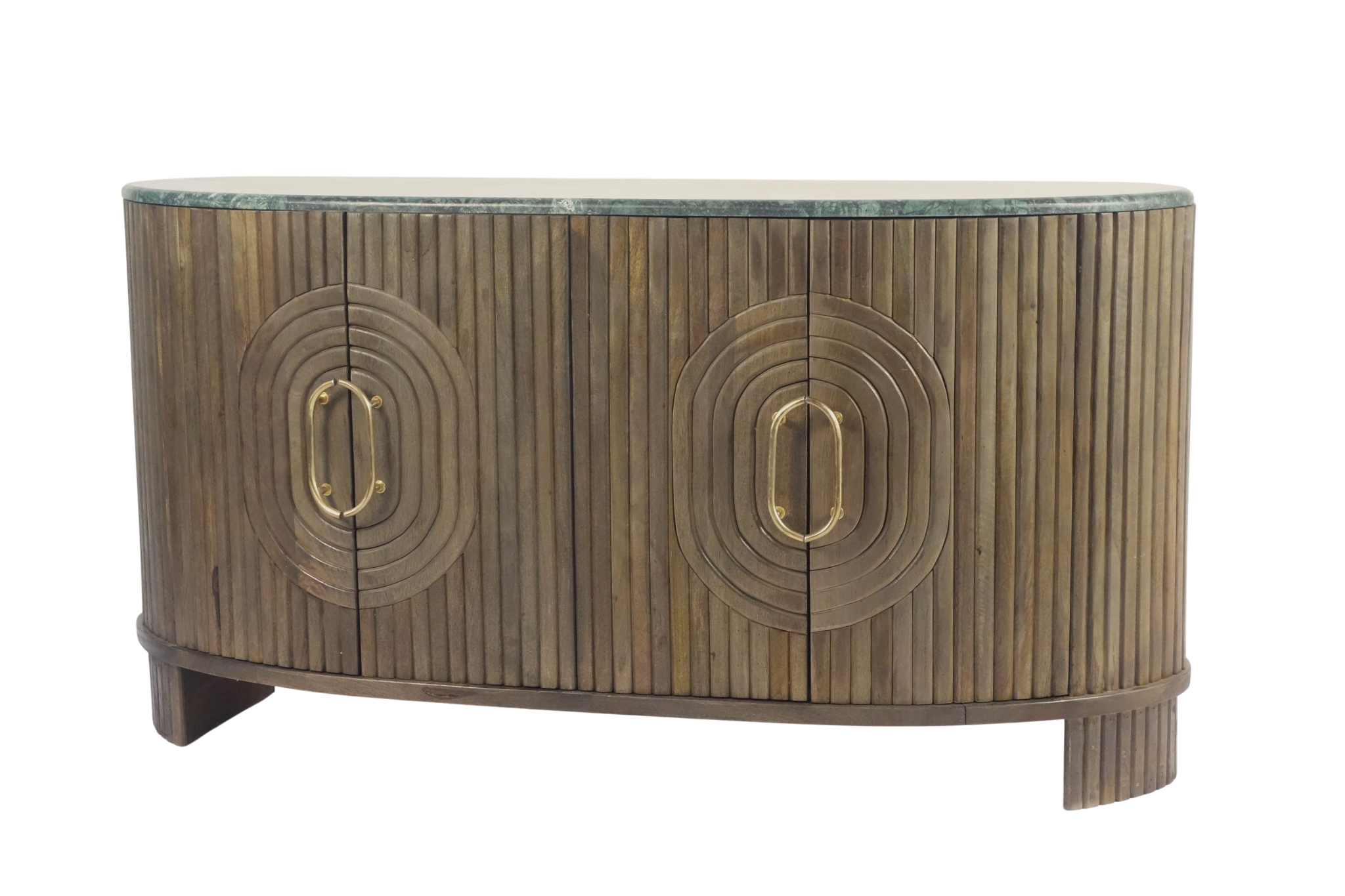Wooden striped design curved sideboard with green marble top