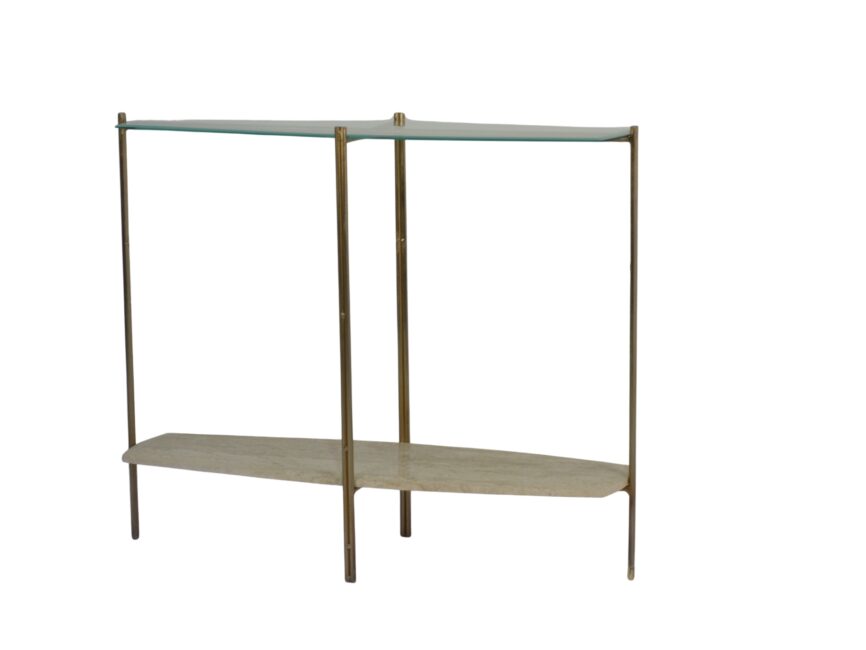 Iron Tile shape console with glass top and travertine stone base