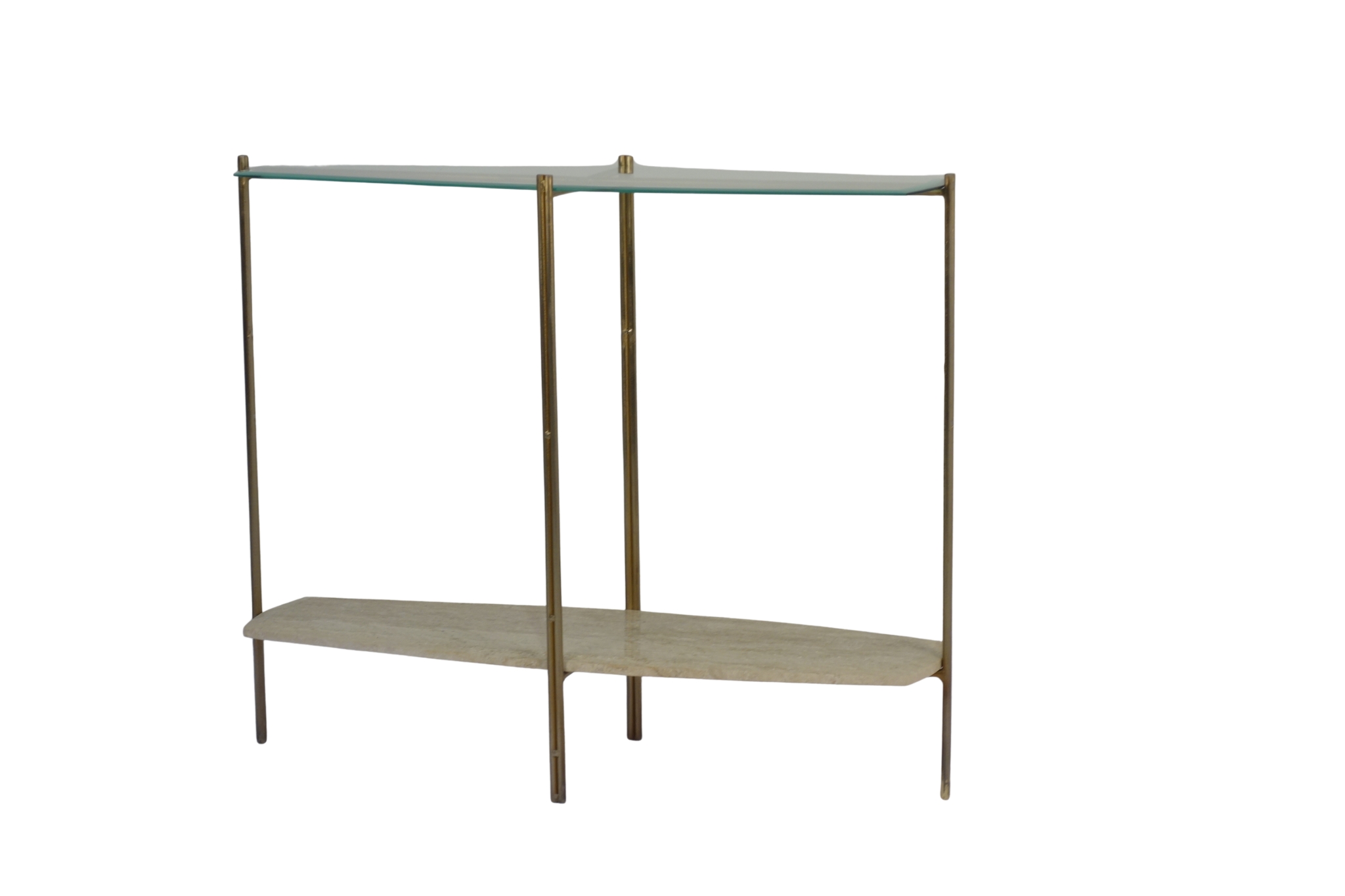 Iron Tile shape console with glass top and travertine stone base