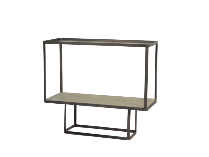 Iron rectangular console with glass top and Travertine stone