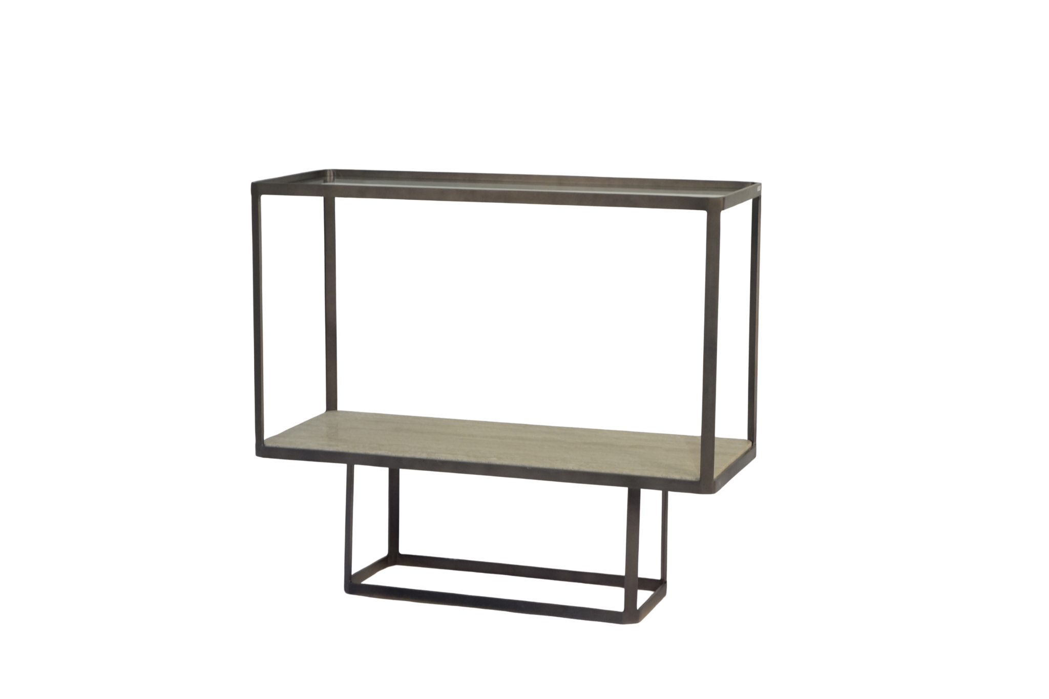 Iron rectangular console with glass top and Travertine stone