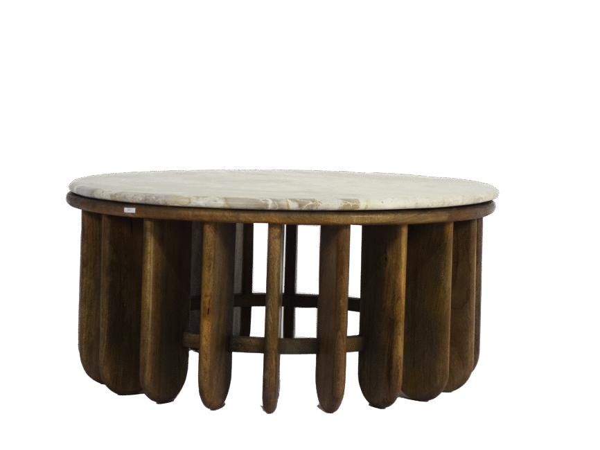 Wooden slatted design round coffee table with marble top