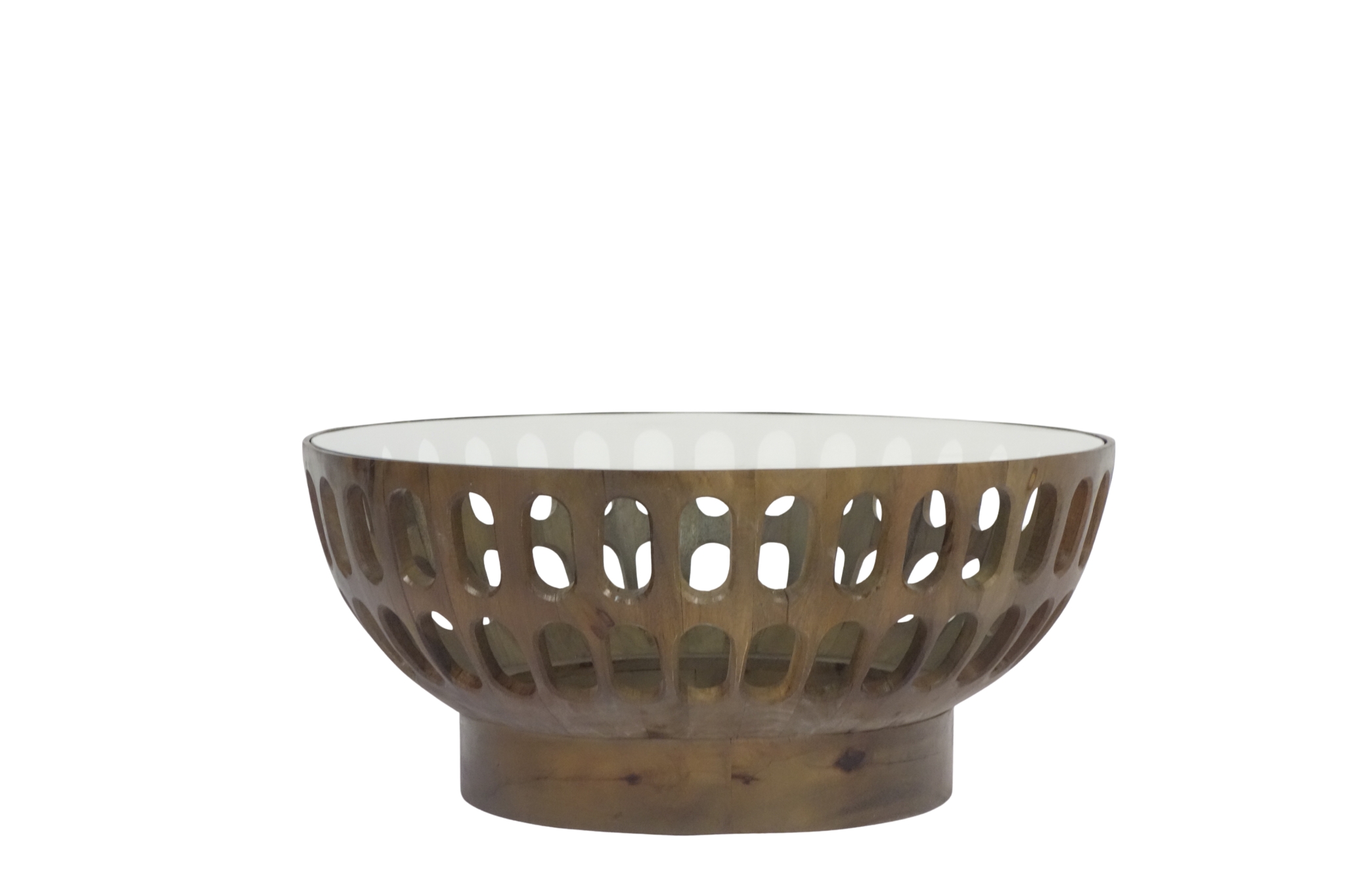 Wooden cutout design round coffee table with glass top