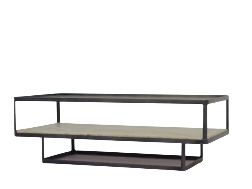 Iron rectangular coffee table with glass top and Travertine stone