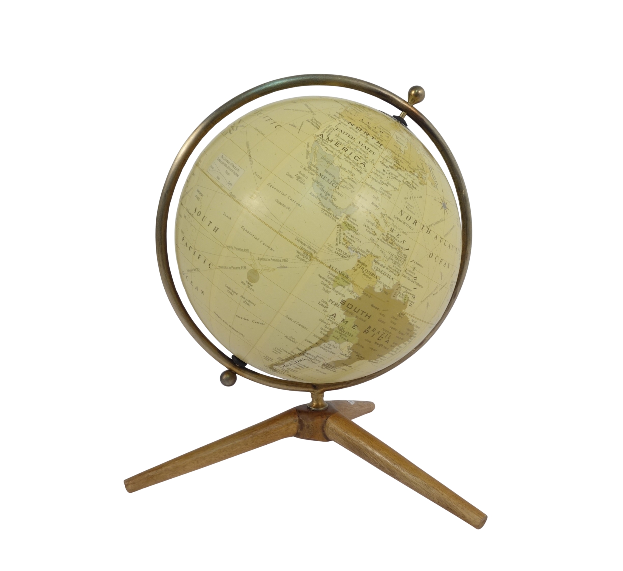 Globe with metal ring on wooden tripod base