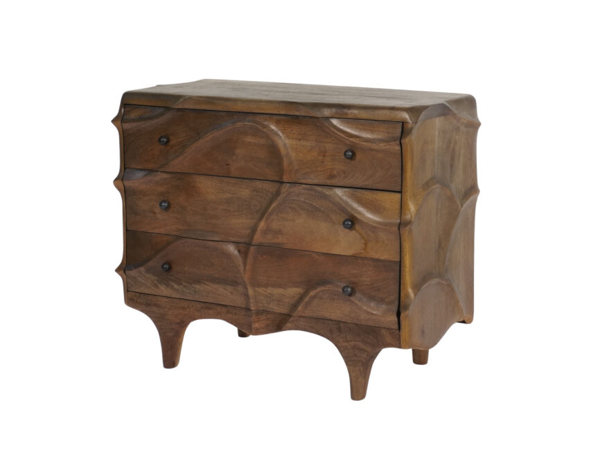 Wooden carved 3 drawer cabinet with marble knobs