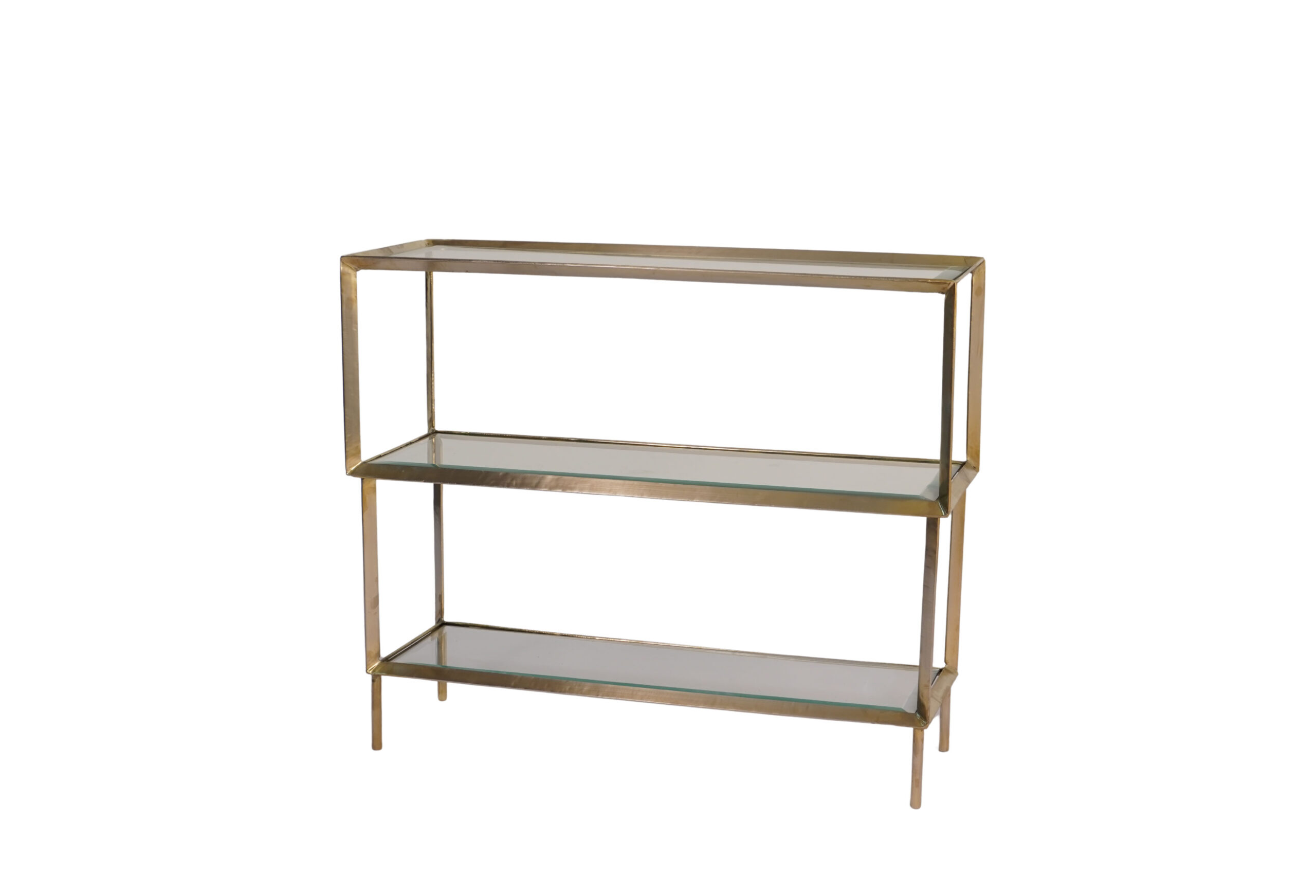 Wooden step design console table with bevelled glass tops
