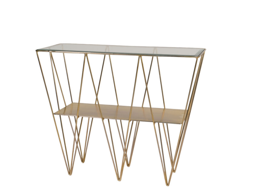 Iron forged triangular design console with glass and metal shelves