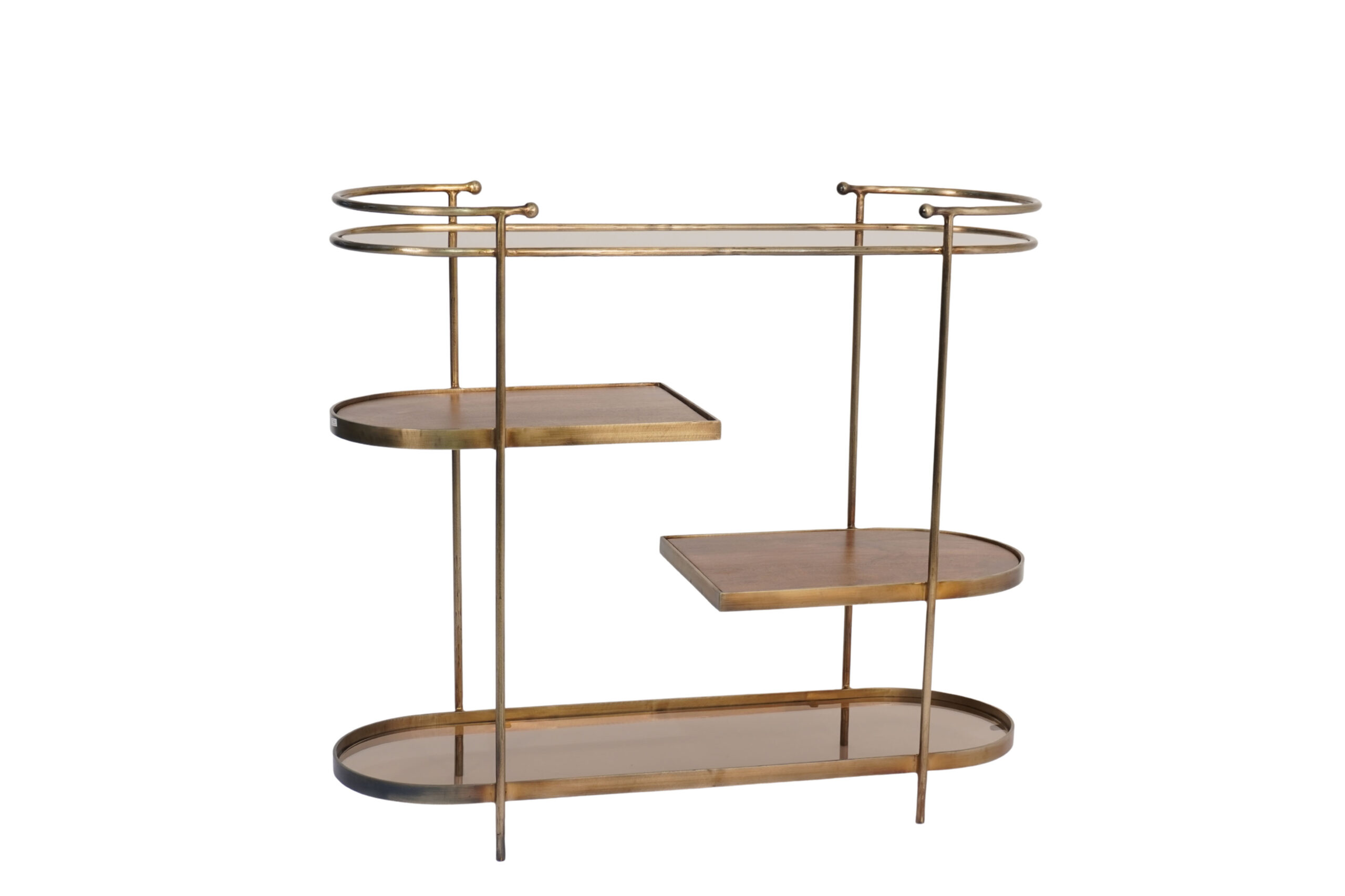 Iron Forged multi shelf console with brown glass and wood tops