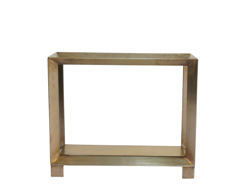 Iron forged diamond design console with amber glass top and metal shelf