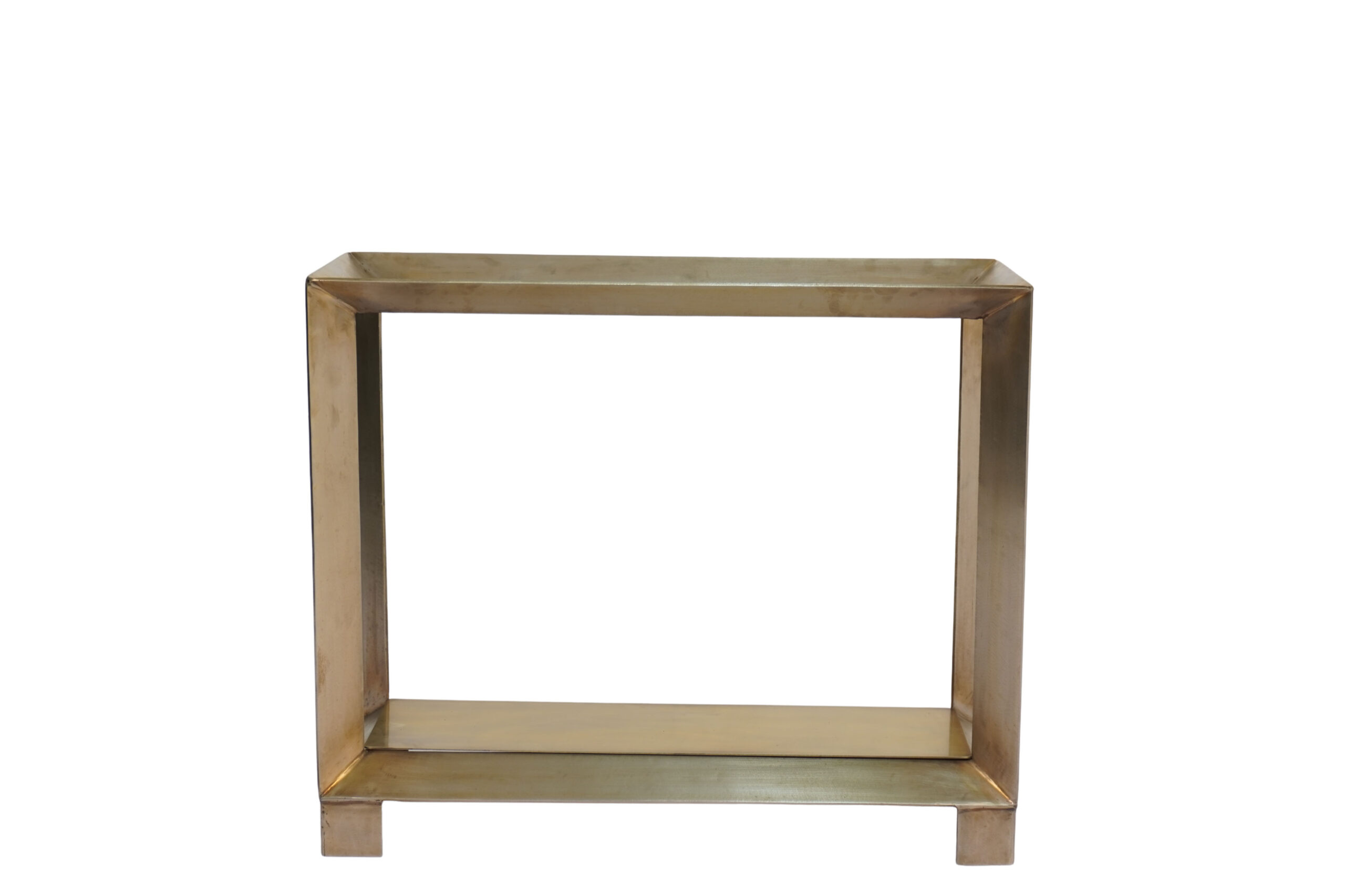Iron forged diamond design console with amber glass top and metal shelf