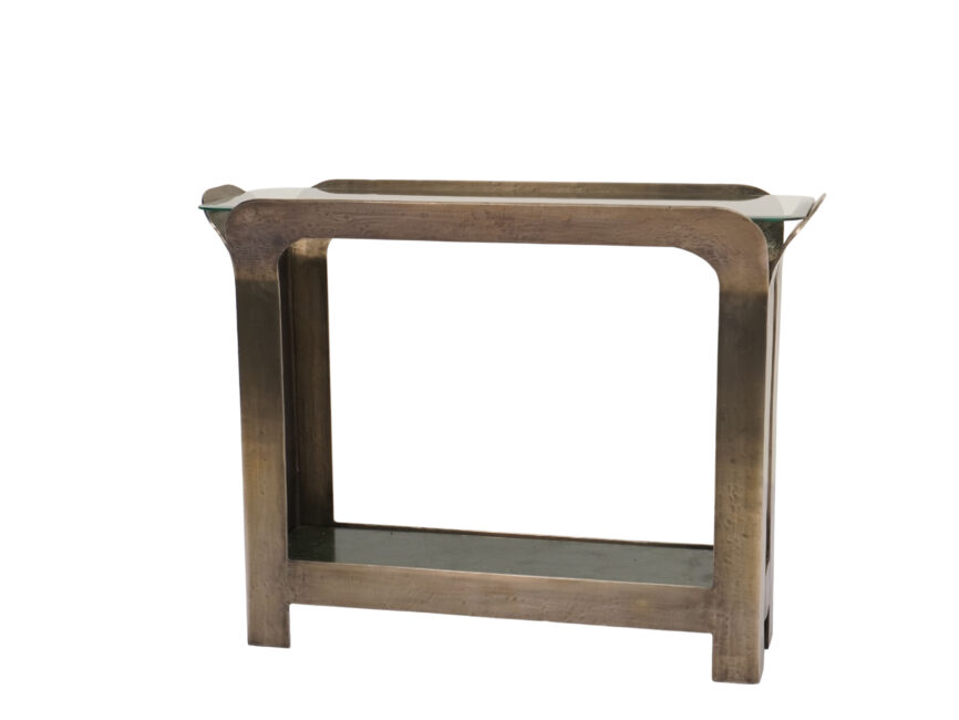 Iron forged console table with bevelled glass top and green marble shelf