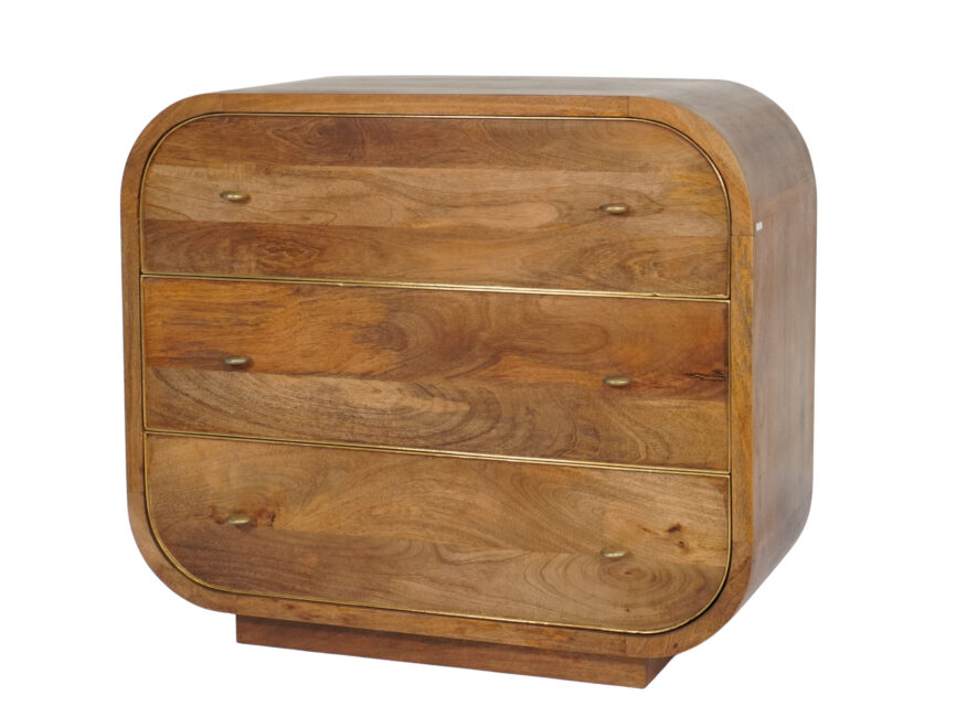 Wooden curved design 3 drawer cabinet with brass cladded edges