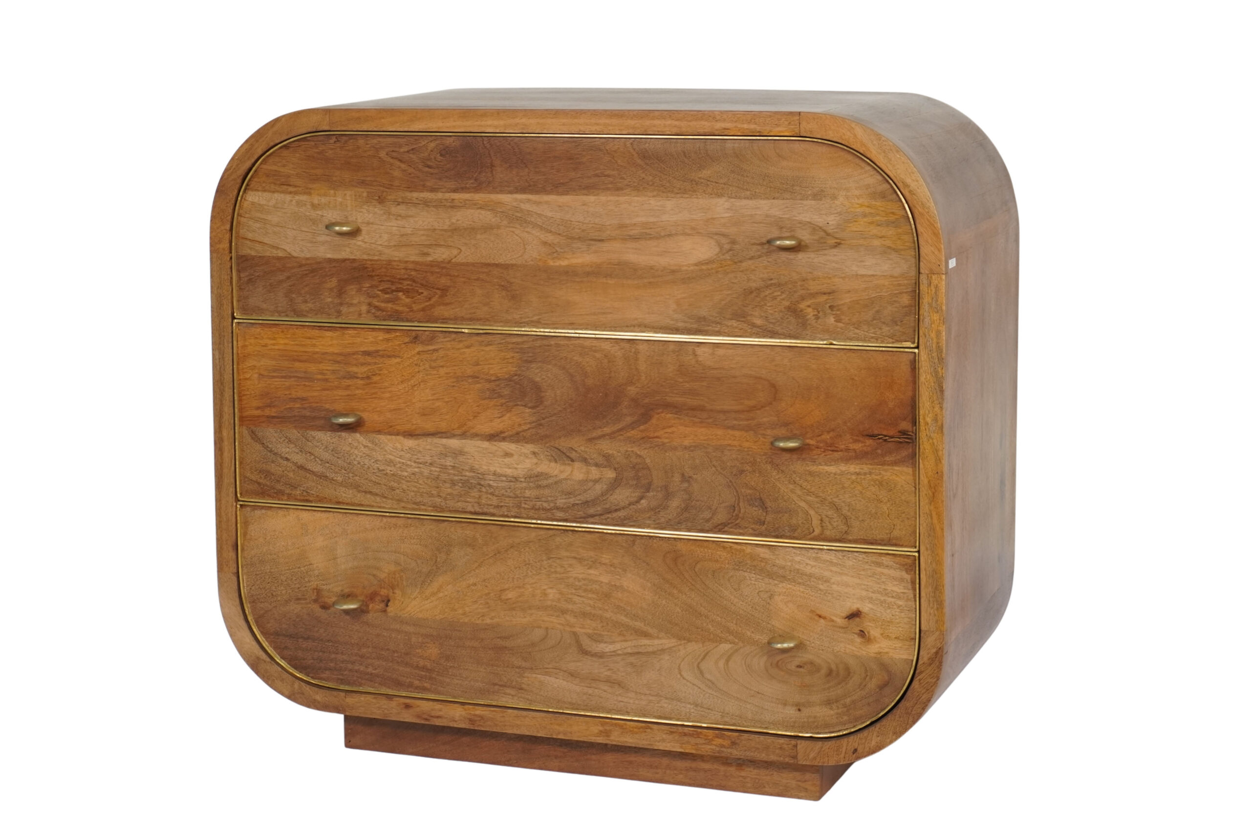Wooden curved design 3 drawer cabinet with brass cladded edges