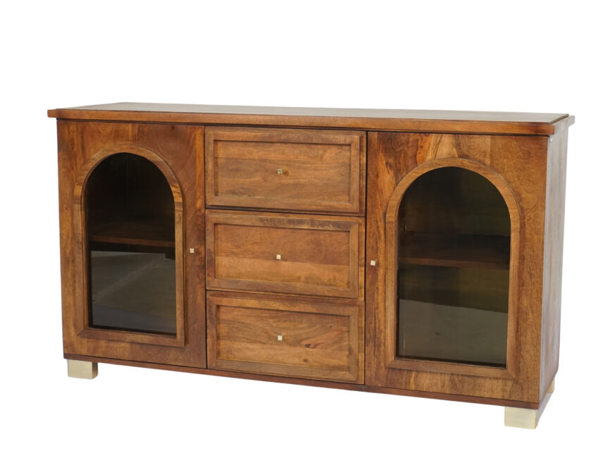 Wooden arch design glass door sideboard with 3 drawers