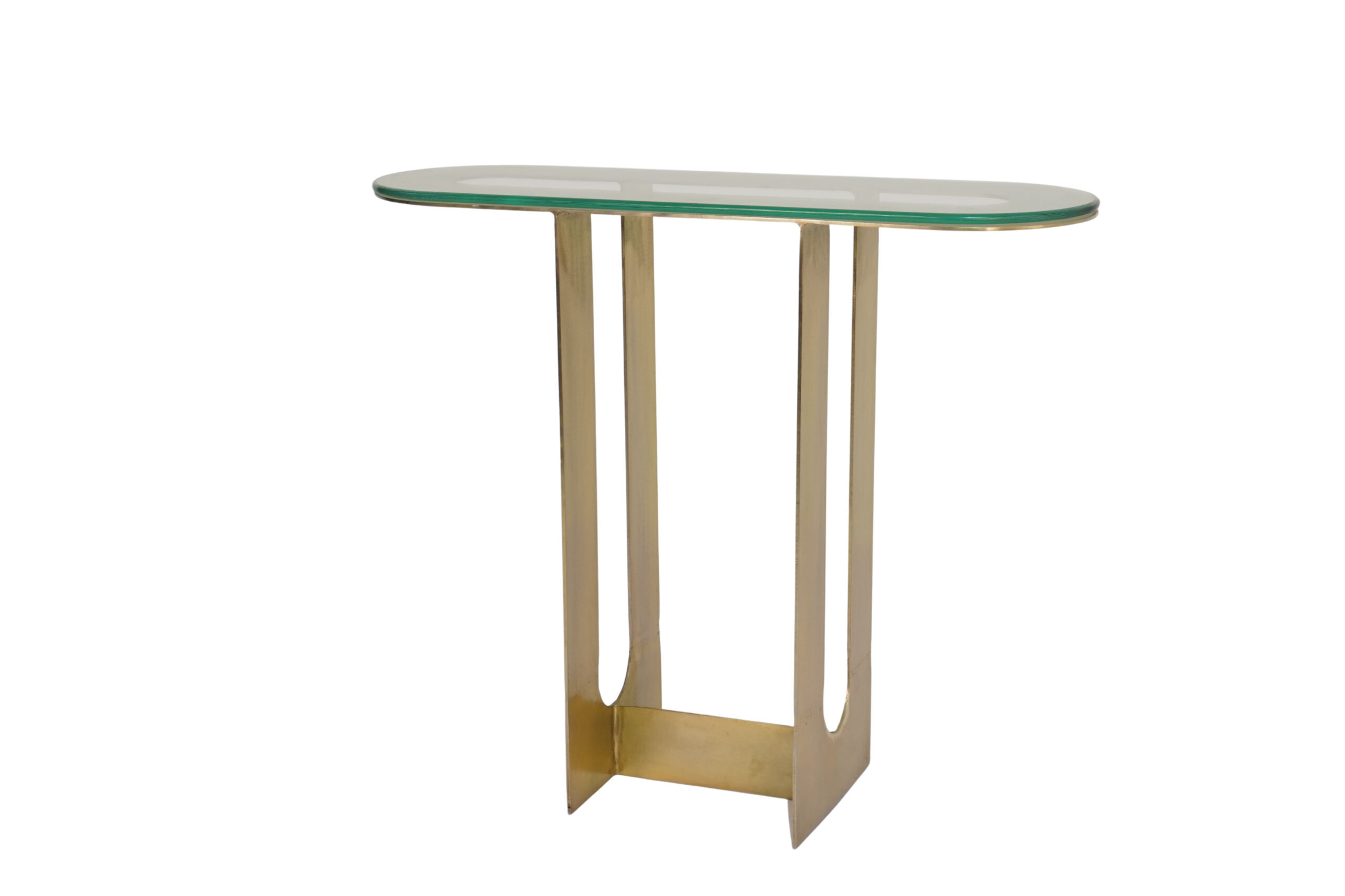 Iron capsule shape console table with glass top