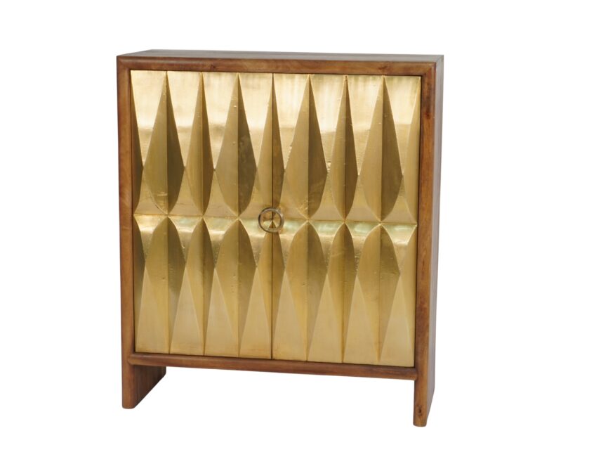Wooden carved diamond design cabinet with brass cladding