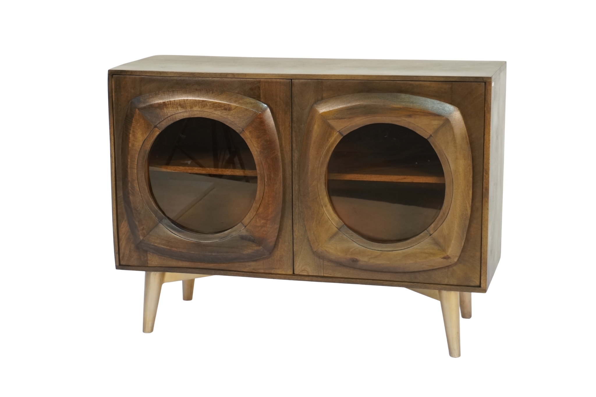 Wooden carved panel 2 door cabinet with glass doors