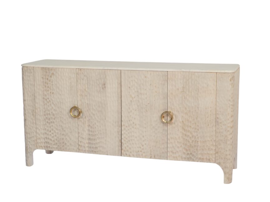 Wooden hammered design 4 door sideboard with marble top