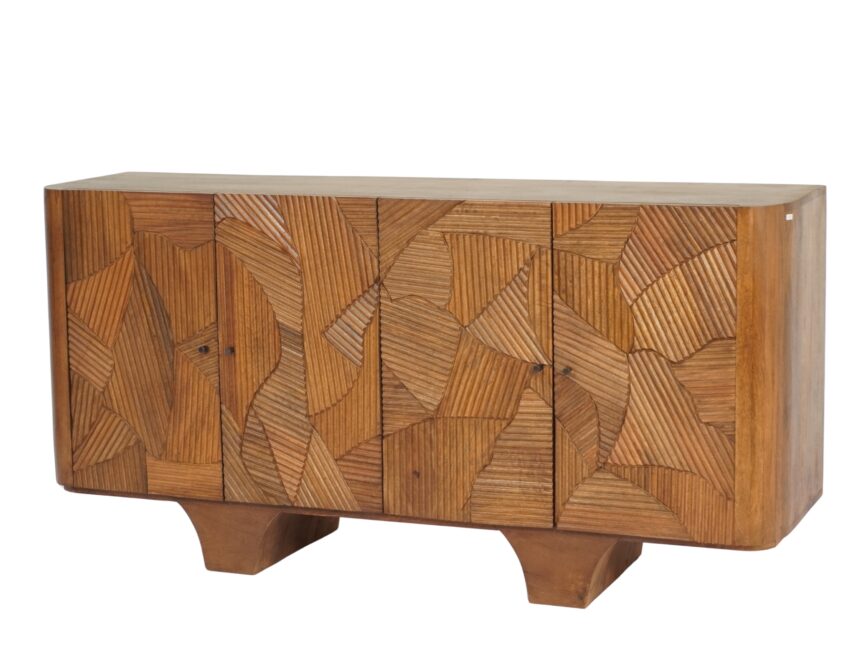 Wooden line carved parqutery design 4 door sideboard with marble top