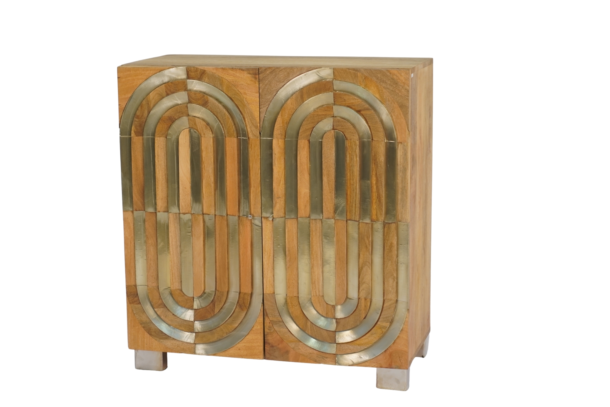 Wooden cabinet with layered white metal cladding
