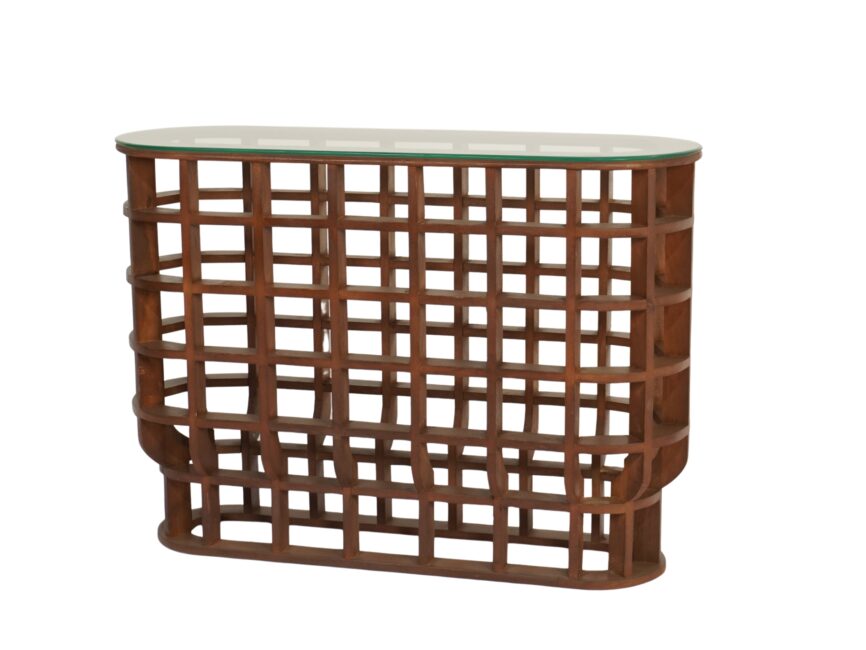 Wooden grid design oval console with glass top