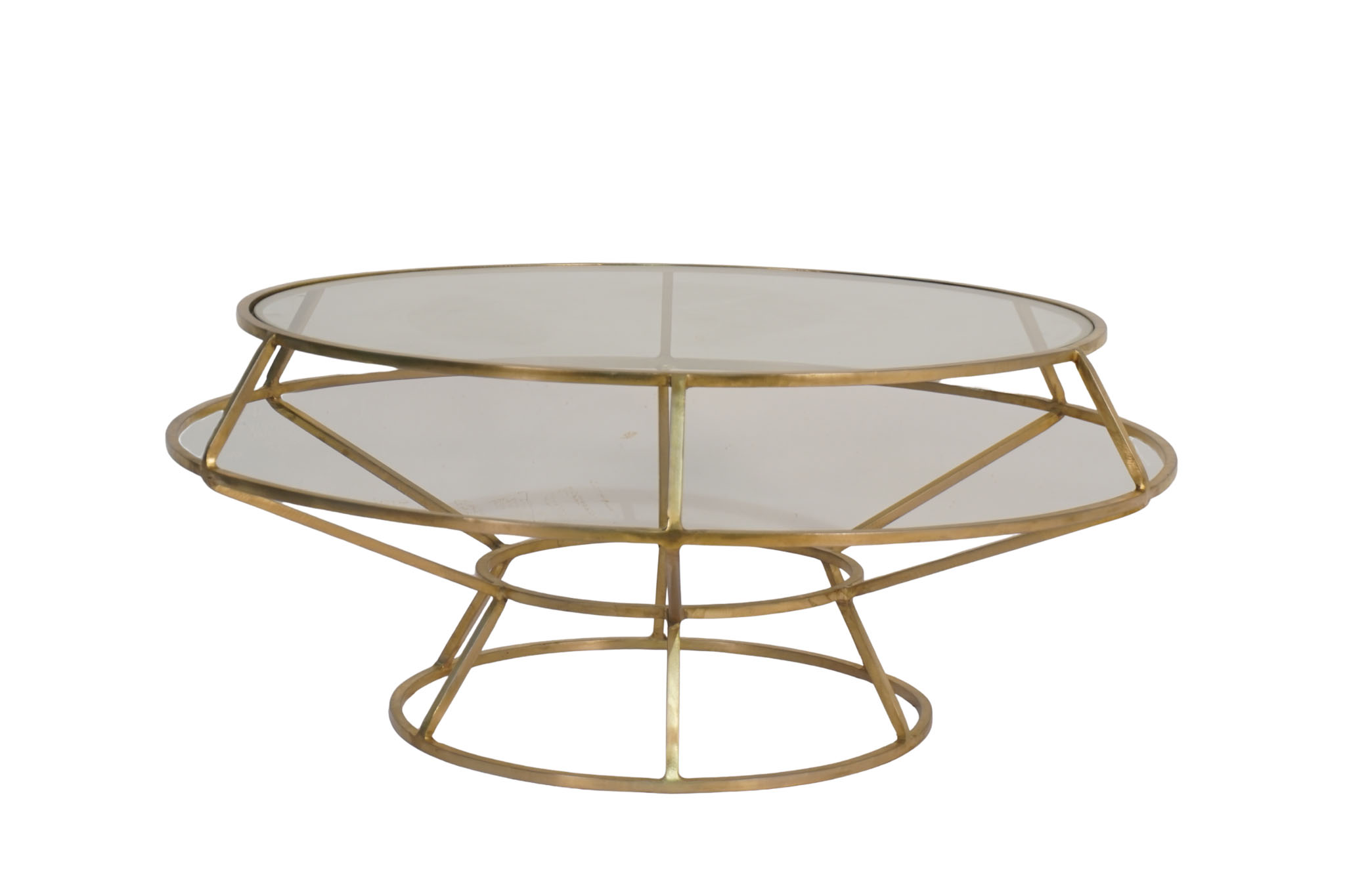 Iron taper disc design coffee table with twin glass tops
