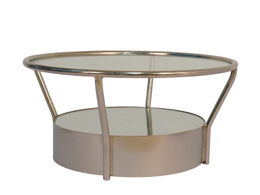 Iron forged round coffee table with glass top and mirror base