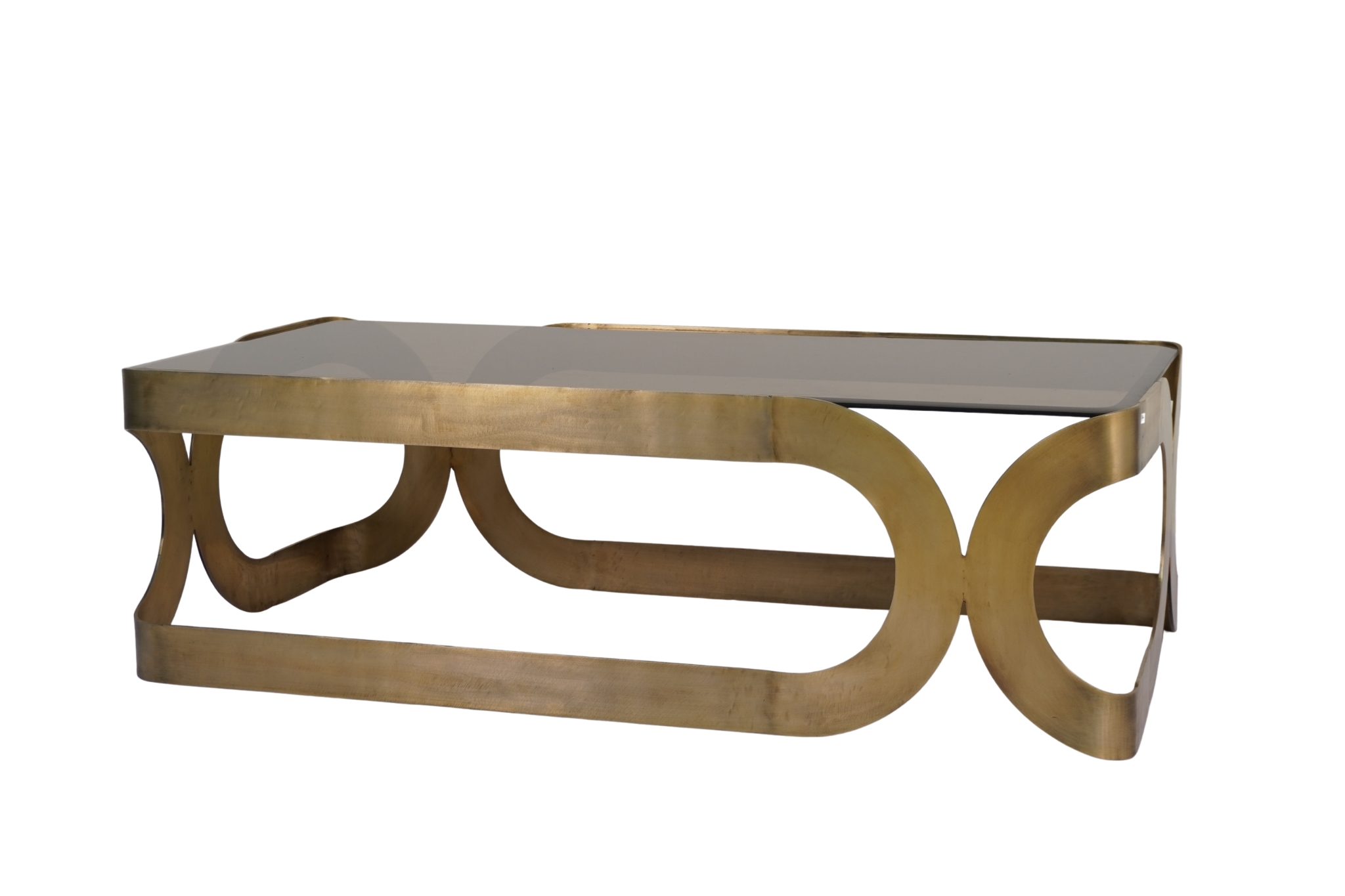 Iron Forged curved coffee table with bevelled amber glass top