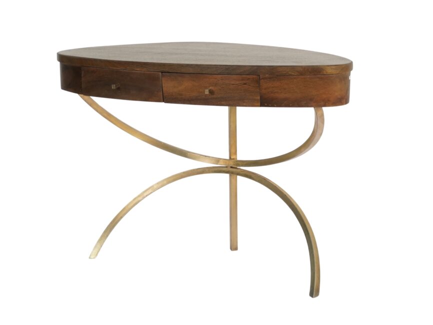 Wooden abstract shape design 2 drawer desk on forged metal base