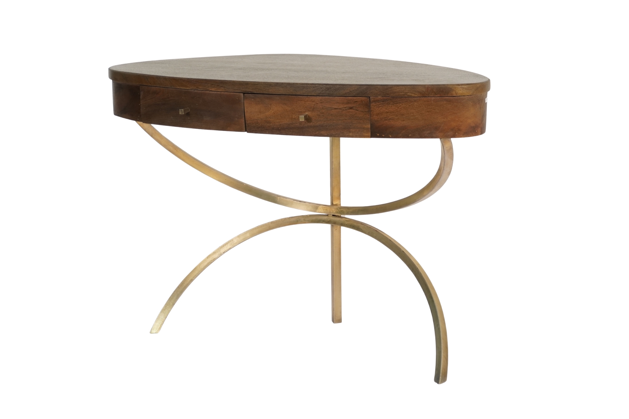 Wooden abstract shape design 2 drawer desk on forged metal base