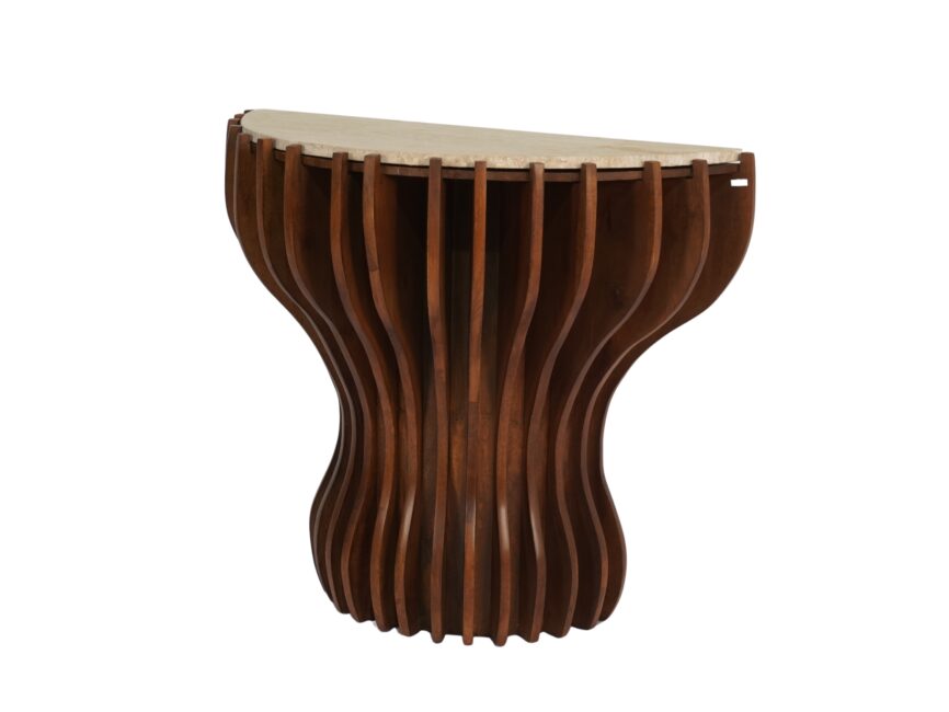 Wooden striped curved design console with travertine stone top