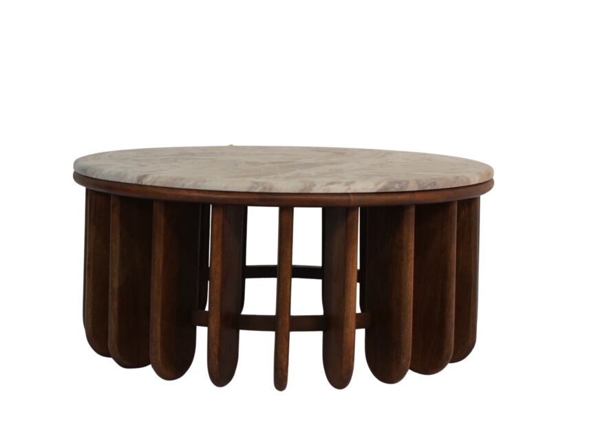 Wooden multi panel design coffee table with marble top