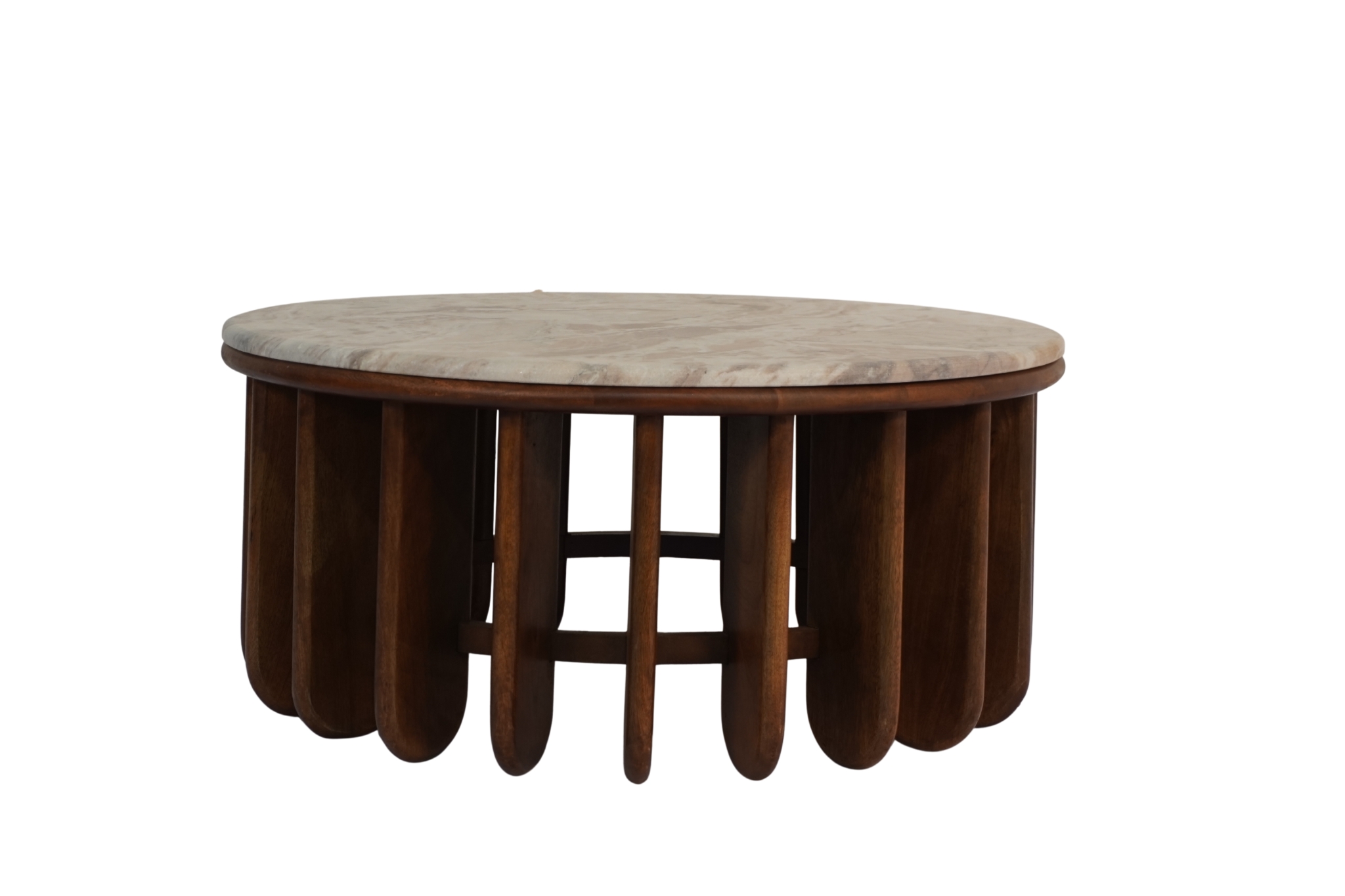 Wooden multi panel design coffee table with marble top