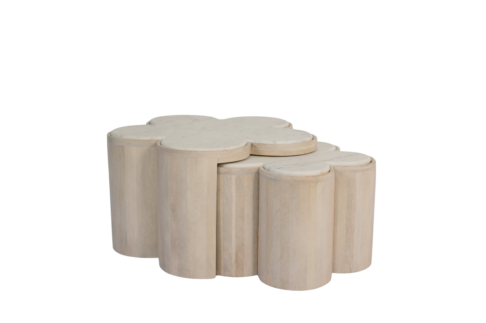 Wooden flower shape set of 2 coffee tables with marble tops