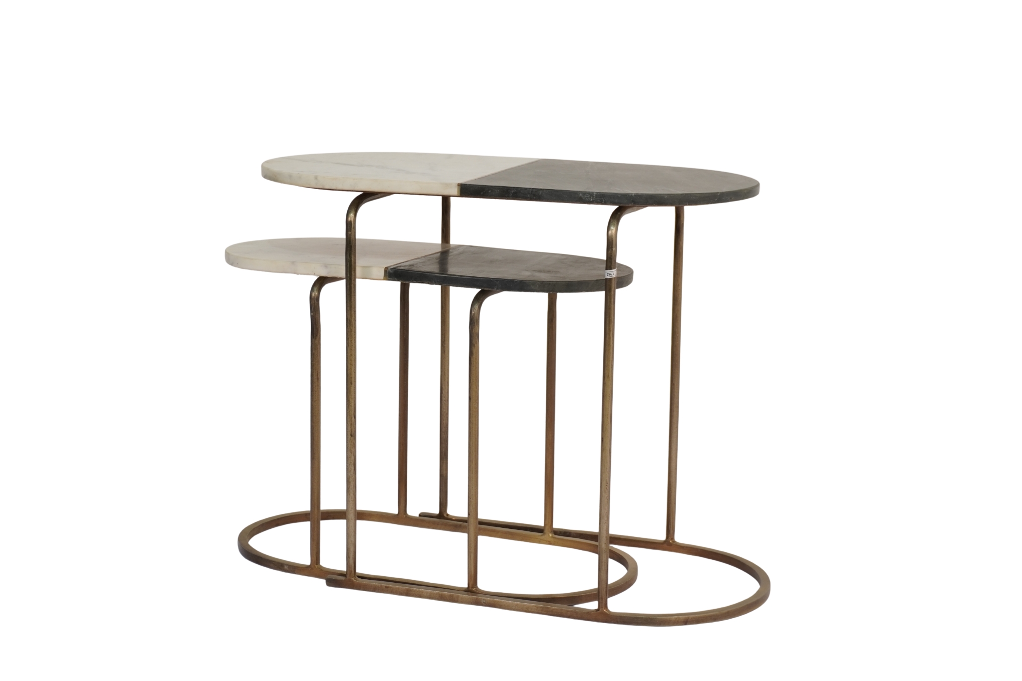 Iron forged oval nesting tables with 2 tone brass inlay marble