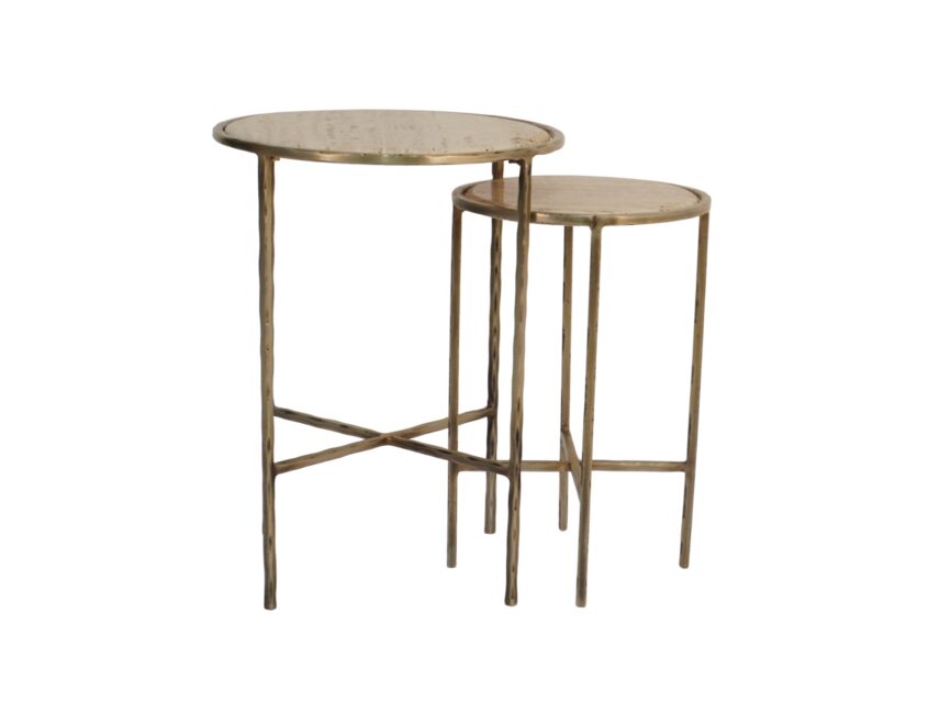 Iron forged set of 2 tables with Italian travertine stone tops