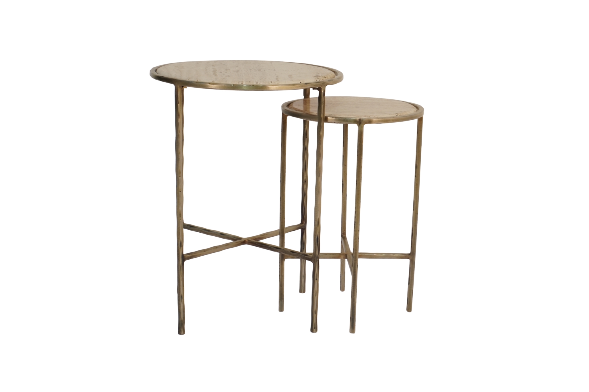 Iron forged set of 2 tables with Italian travertine stone tops